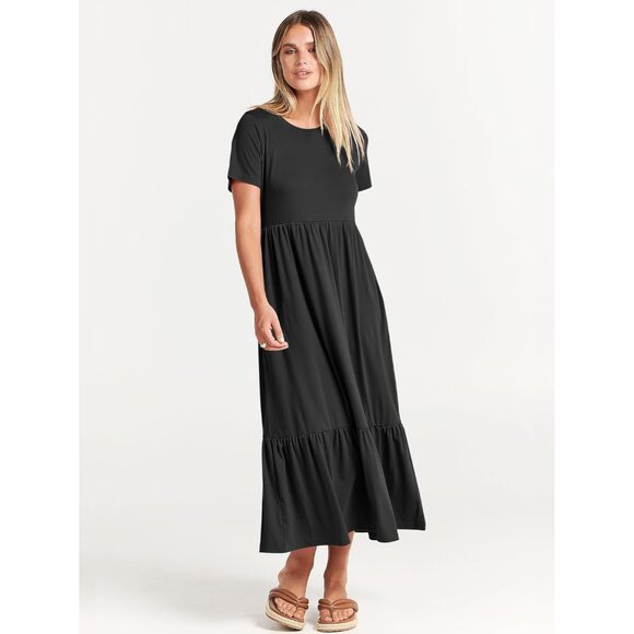 Womens Maxi Dress Casual Flowy Tiered Short Sleeve Crew Neck Beach Travel - Picture 3 of 9